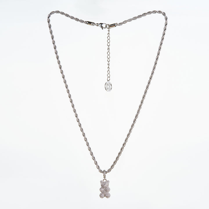 Teddy Bear Necklace, Silver/White