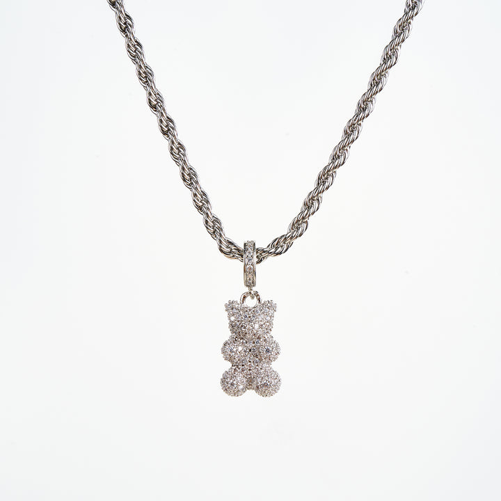 Teddy Bear Necklace, Silver/White
