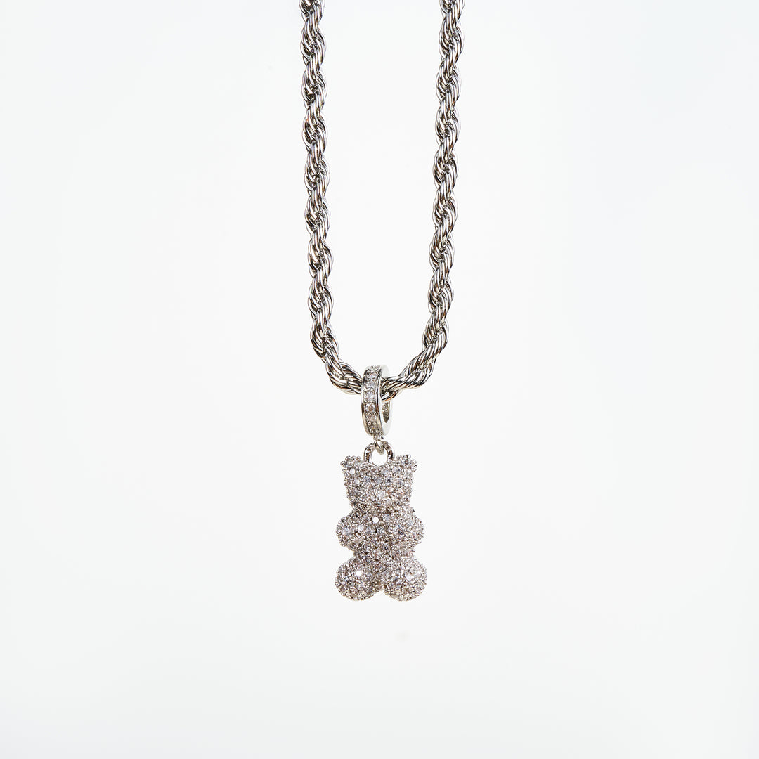 Teddy Bear Necklace, Silver/White