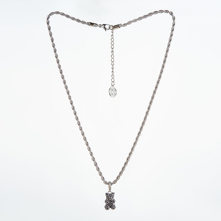 Teddy Bear Necklace, Silver/Black