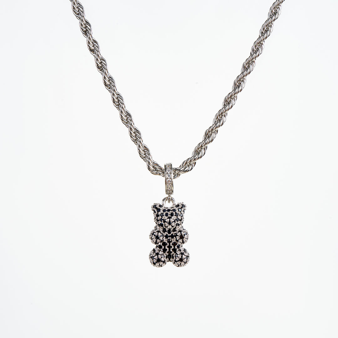 Teddy Bear Necklace, Silver/Black