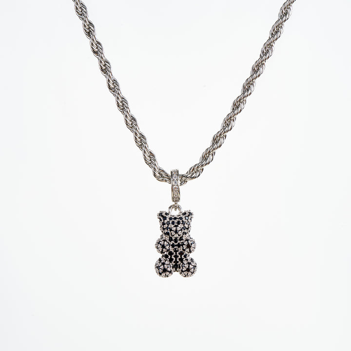Teddy Bear Necklace, Silver/Black