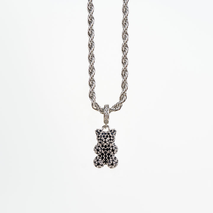 Teddy Bear Necklace, Silver/Black