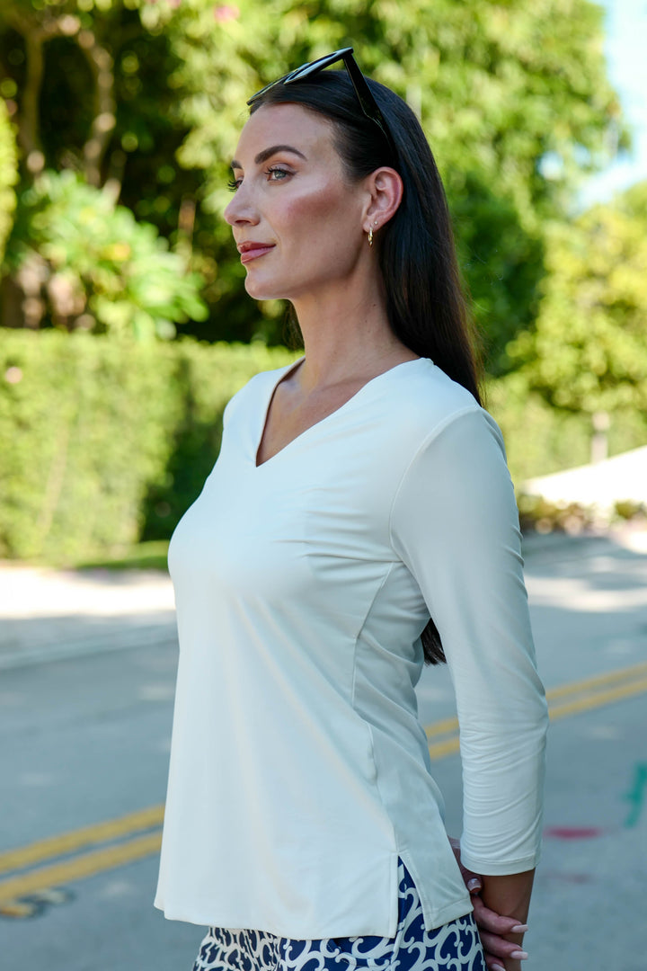 V-Neck Solid Top White APPAREL - TOP - SHIRT jeanpierreklifa.com