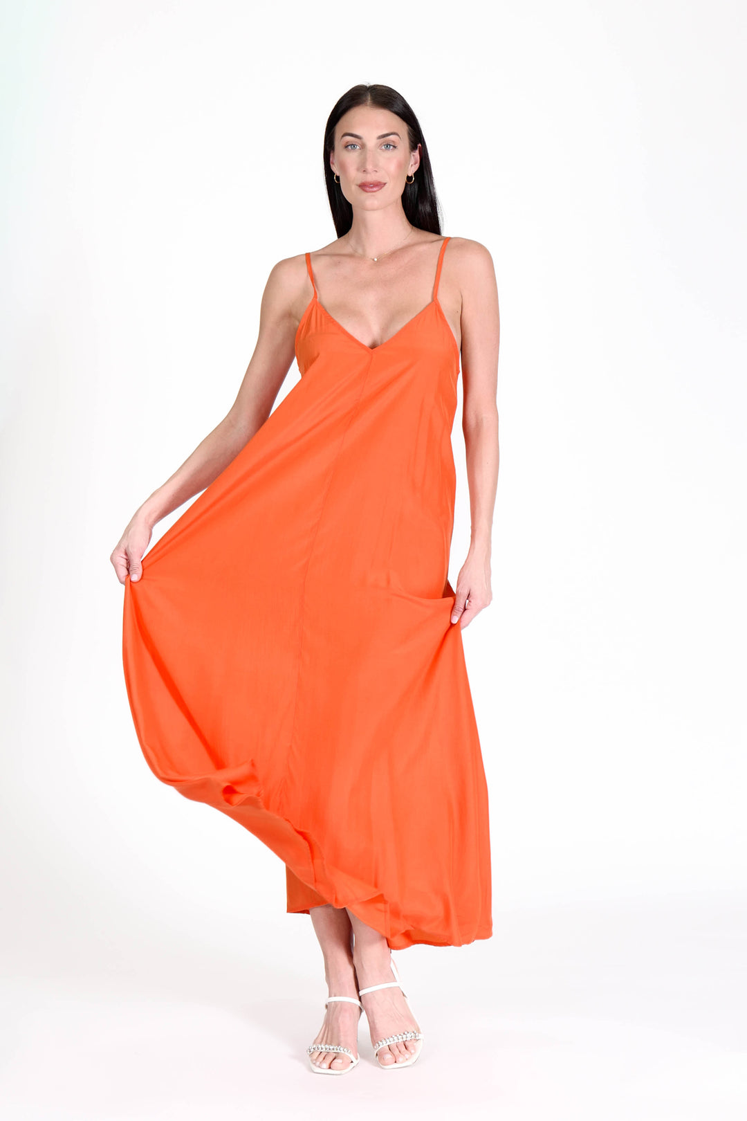 orange beach dress The Most Outstanding Wedding Guest Outfits To Wear Any Season - CLOSSFASHION woven/dyed in Brazil Maxi Dress Sleeveless Ruffle A-Line