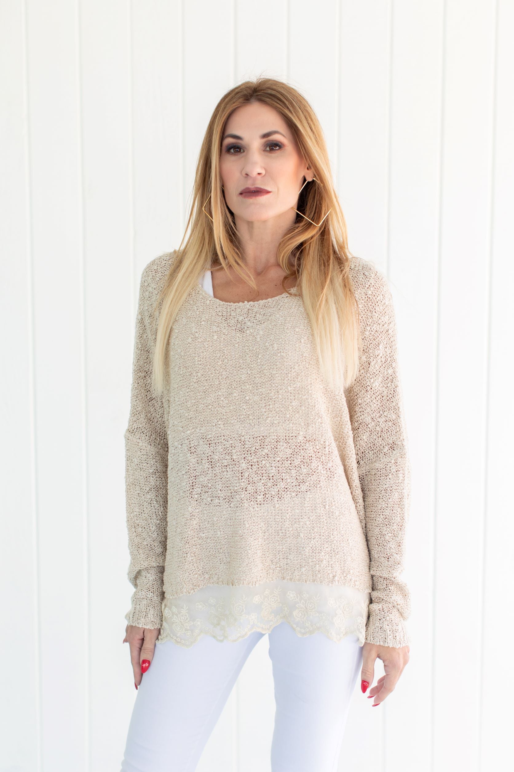 Lace Sweater Cream Tops jeanpierreklifa.com   